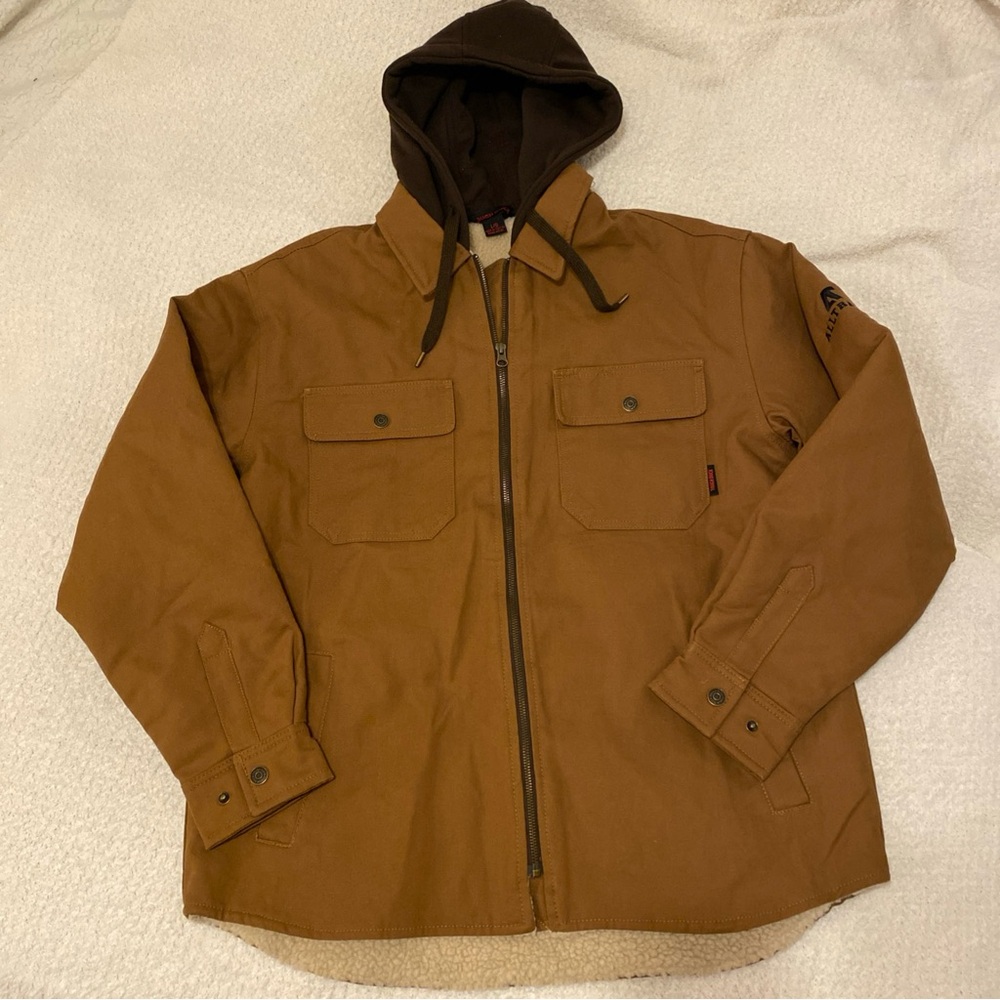 NWT Tough Duck Men's Hooded Field Jacket in Brown with Dark Brown Hood Size L
